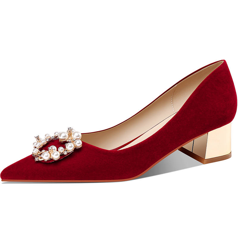 LANMOU Suede Chunky Heel High Heels 4.5cm Women's Burgundy