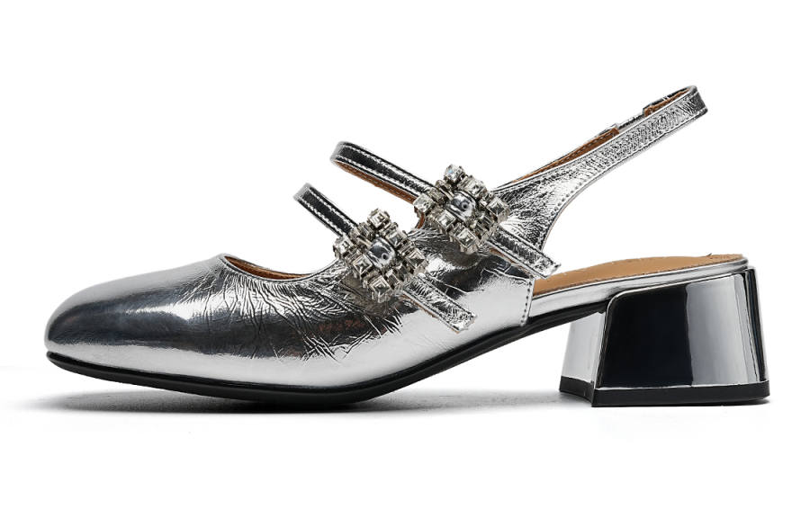 EBLAN Cow Leather Chunky Heel Mary Jane Shoes Women's Silver