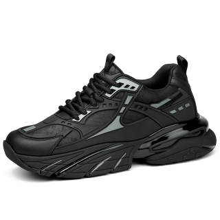 SULEGAO Cow Split Leather Breathable Height Increasing Breathable Height Increasing Low top Chunky Sneakers Men's Black