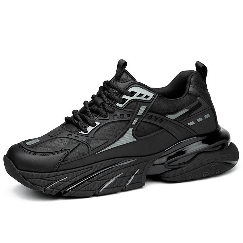 SULEGAO Cow Split Leather Breathable Height Increasing Breathable Height Increasing Low top Chunky Sneakers Men's Black