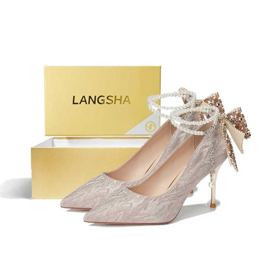 Lanza French Exquisite Rhinestone Fashion Bowknot Bright Pointed Toe Beads Satin Soft New Chinese Style High Heels