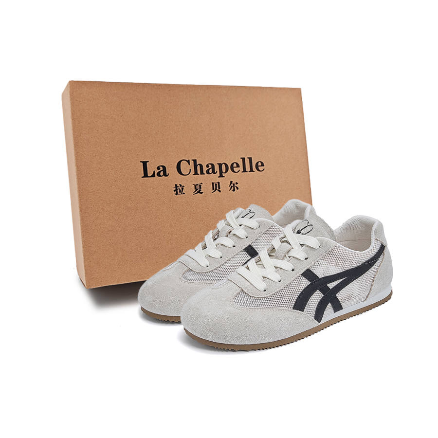 La Chapelle Taro Mash Mist Gray Breathable Unlined Mesh White Sneakers, Comfortable European Style PU, Mesh