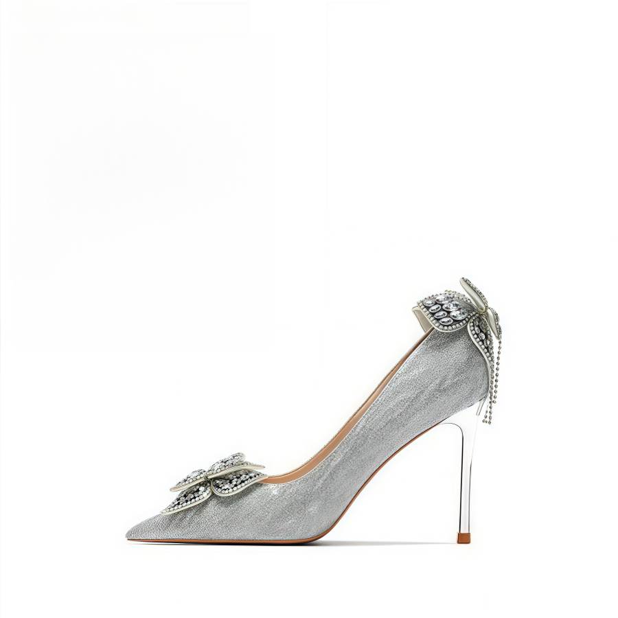 ANGEL BOY Sweetheart Pink Bowknot Box Slim Heel High Heels Women's Moon Silver