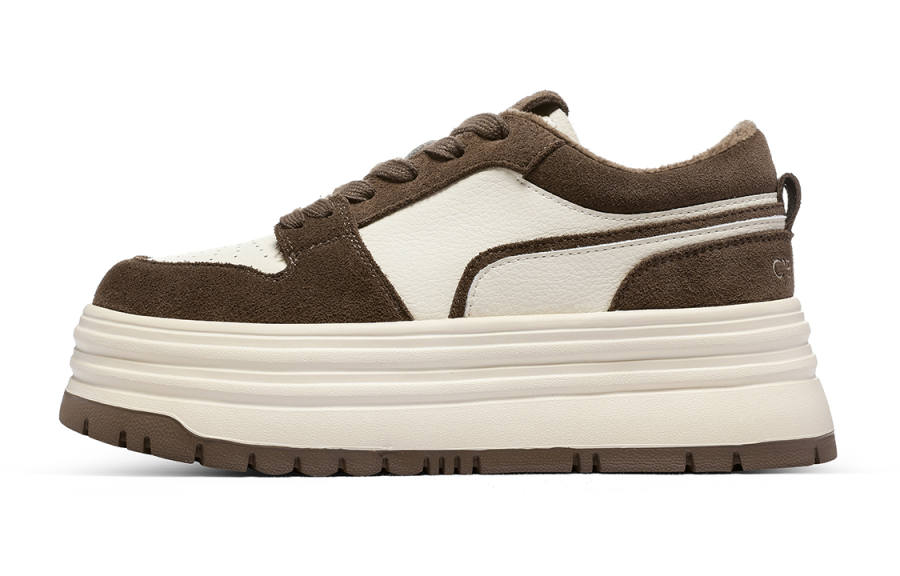 C°BANNER Cow Split Leather Fleece Lined Platform Thermal Low top Skateboard Shoes Women's Brown