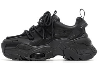 VITTORIO VENTURA Top Grain Cow Leather Air Cushion Coverage Height Increasing Low top Chunky Sneakers Unisex Black