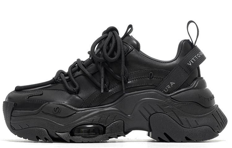 VITTORIO VENTURA Top Grain Cow Leather Air Cushion Coverage Height Increasing Low top Chunky Sneakers Unisex Black