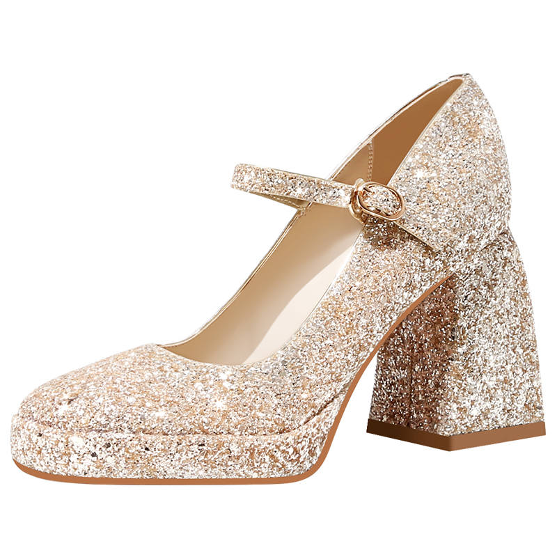 WEISHIBANGWEI Shinny Leather Chunky Heel Mary Jane Shoes Women's Champagne
