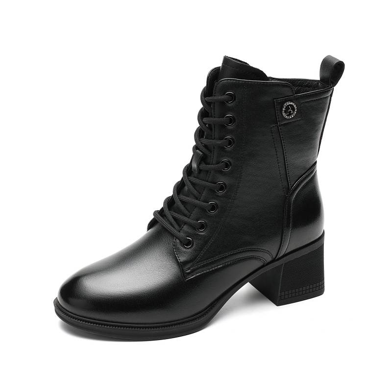 AOKANG Cow Leather Short Combat Boots Women's Black