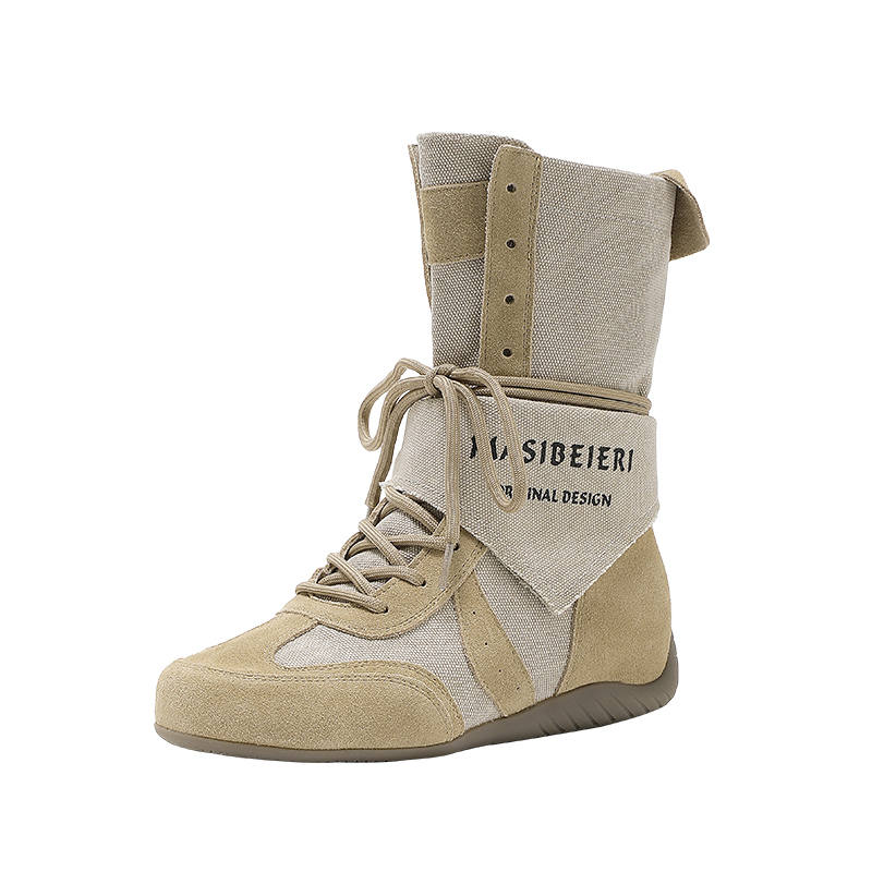 QINGZHUHU Cow Leather Crew Combat Boots Women's