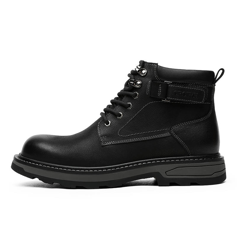 CROWN CROWN Leather Short Mid Calf Combat Boots Men's Black