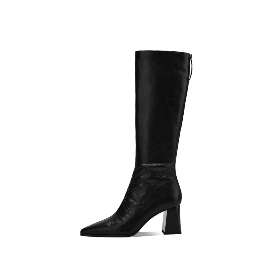 BOERDIQI Sheepskin Pointed Toe Height Increasing Fashion Apparel Fleece Lined Thermal Knee high Boots 7.4cm Women's
