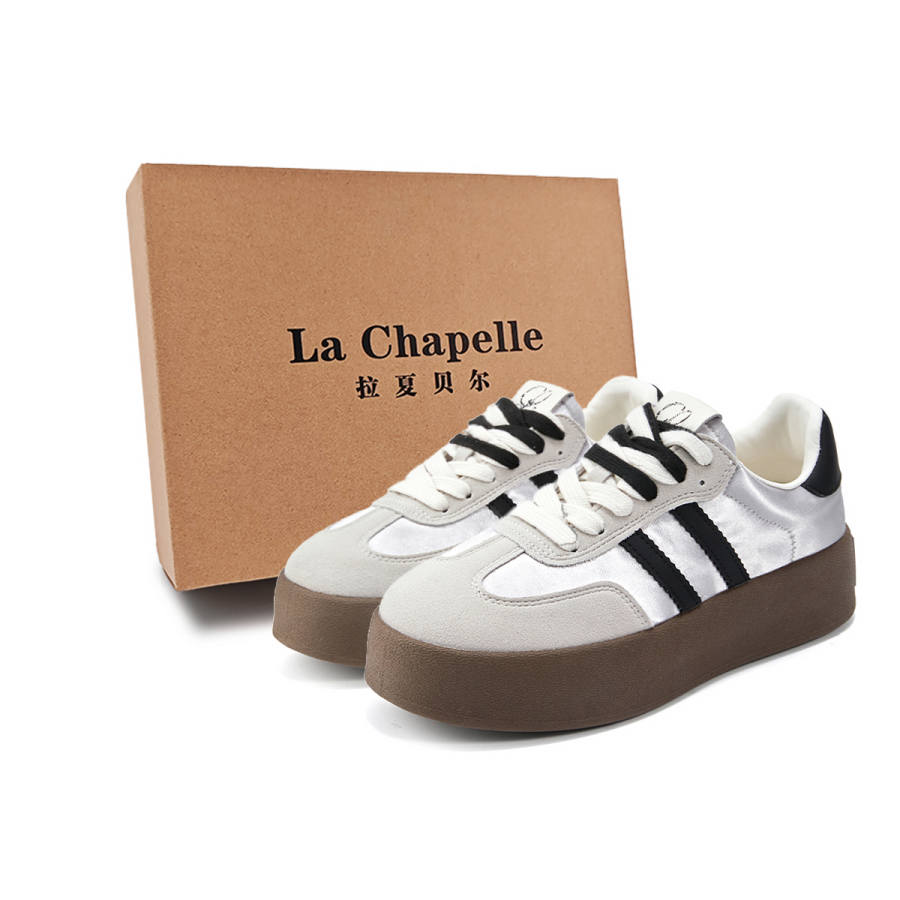 La Chapelle Anti Slip Wear Resistant Low Top Skateboard Shoes Women's Beige Silver Gray
