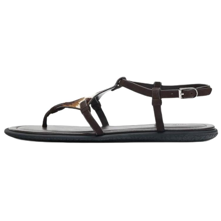 ZARA Sheepskin One Strap Sandals 1.5cm Women's Brown