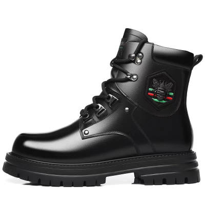 LUOMENG Cow Leather Crew Combat Boots Men's Black