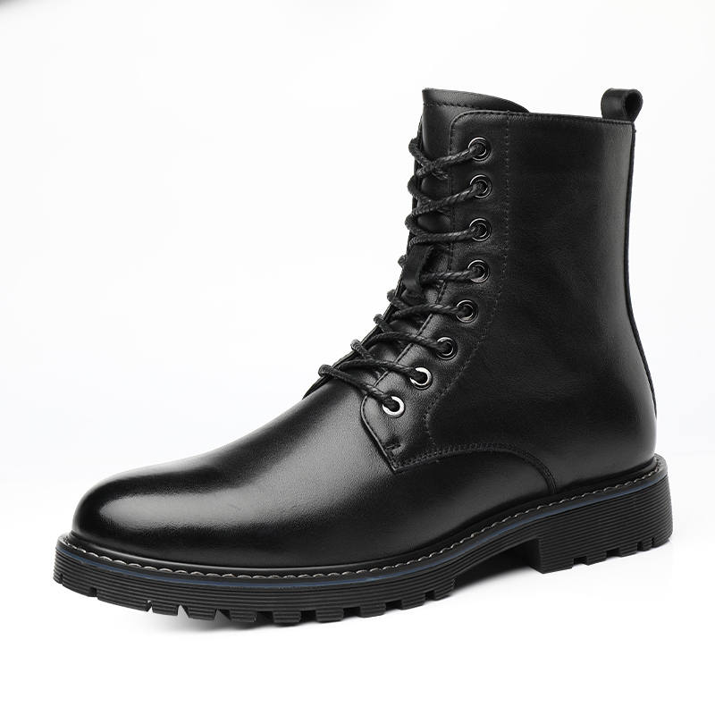 QIAONAI Leather Short Combat Boots 3cm Men's Black