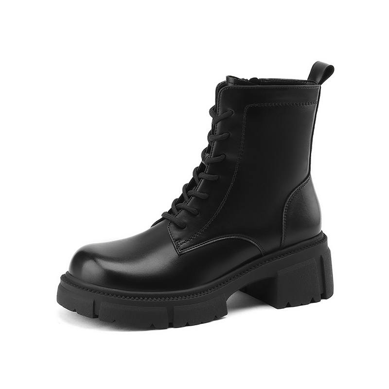 JOSINY Leather Short Mid Calf Combat Boots 6cm Women's
