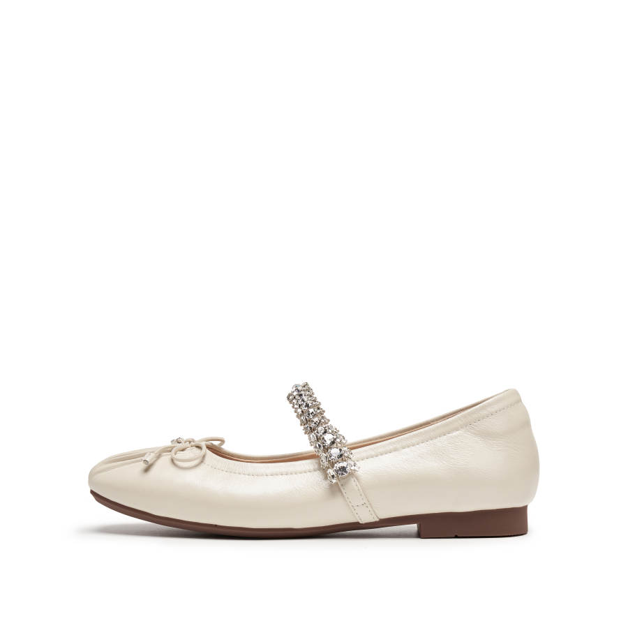 Staccato Shimmering Ballet Cow Leather Flat Mary Jane Shoes Women's Moon White