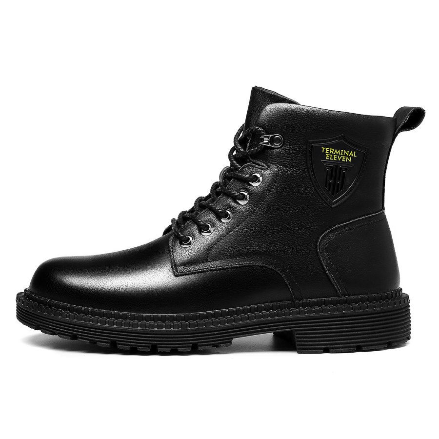 CHINT CHINT Top Grain Cow Leather Crew Combat Boots Men's Black