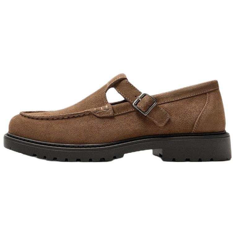 ZARA Cow Leather Chunky Heel Mary Jane Shoes Men's Brown