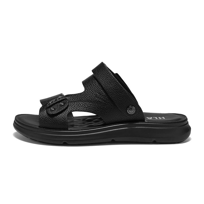 HLA Top Grain Cow Leather Beach Sandals Men's Black