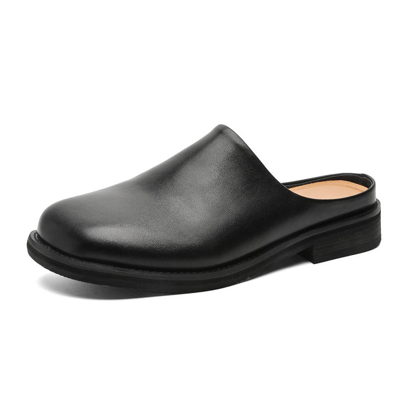 MUYI Rubber Sole Stitching Leather Patchwork Slip Resistant Closed Toe Slippers Unisex Black