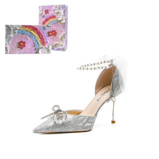 Crelinkxlat Pointed Toe Bowknot Crystal Shoes Slim Heel Box For High Heels Women's Silver