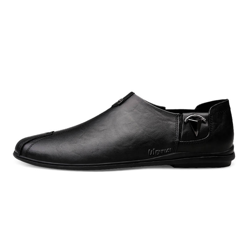 WENNAI Top Grain Cow Leather Slip on Casual Shoes Men's Black