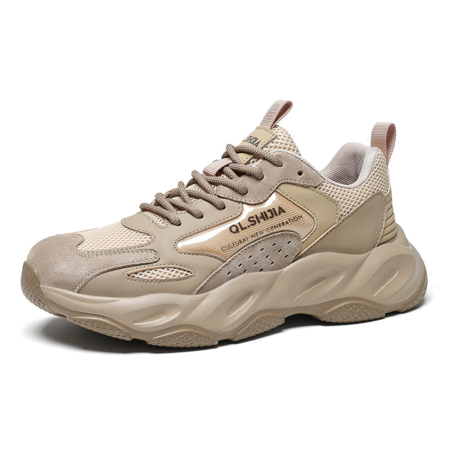 •QUNLANGSHIJIA Mesh Cushioning Breathable Low top Sports Casual Shoes Men's Khaki