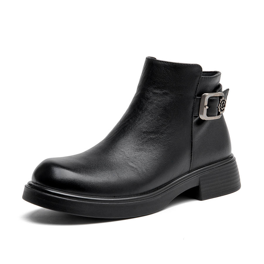 AOKANG Top Grain Cow Leather Ankle Boots Women's Black
