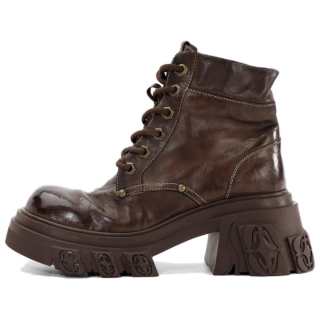 DIBO MANNER Flame Embossed Collection Horse Leather Ankle Length Combat Boots Women's Coffee