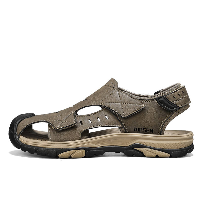 AIPSEN Top Grain Cow Leather River Trekking Shoes Men's Khaki
