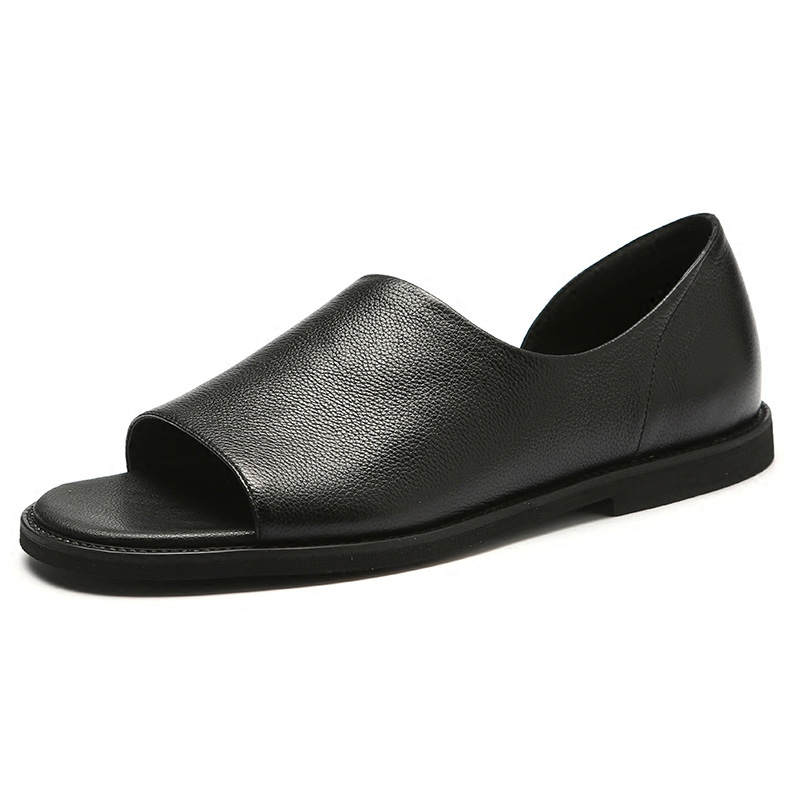 SENJIALUO Top Grain Cow Leather One Strap Sandals Men's Black