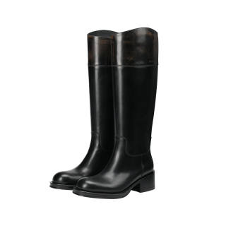 BREAD TREE Top Grain Cow Leather Polished Knee High Boots 4cm Women's Obsidian Black