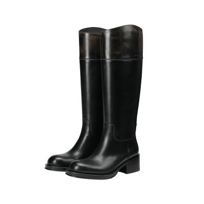 BREAD TREE Top Grain Cow Leather Polished Knee High Boots 4cm Women's Obsidian Black
