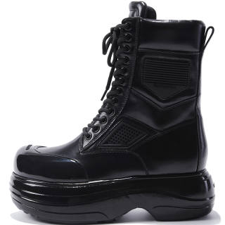 BLOCCO5 Vintage British Style Cow Leather Short Mid Calf Combat Boots 5.5cm Women's Black