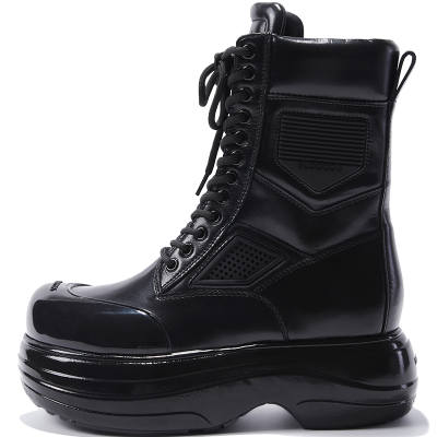 BLOCCO5 Vintage British Style Cow Leather Short Mid Calf Combat Boots 5.5cm Women's Black