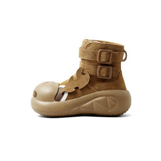 CHIKOKU Snarling Shark Cow Split Leather Short Snow Boots Women's Small Uranium Brown