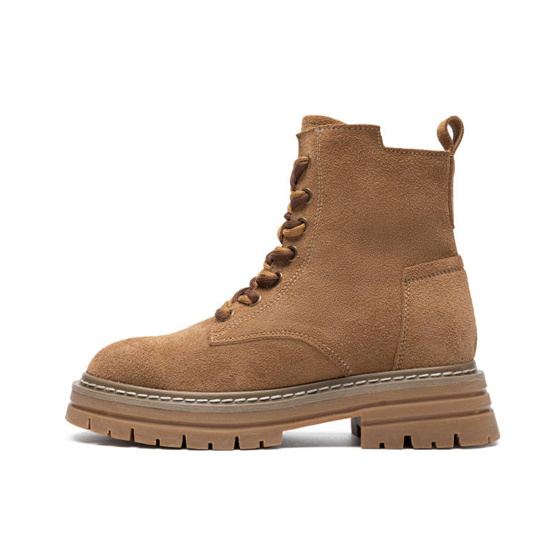 ZHR Cow Split Leather Crew Combat Boots 4cm Women's