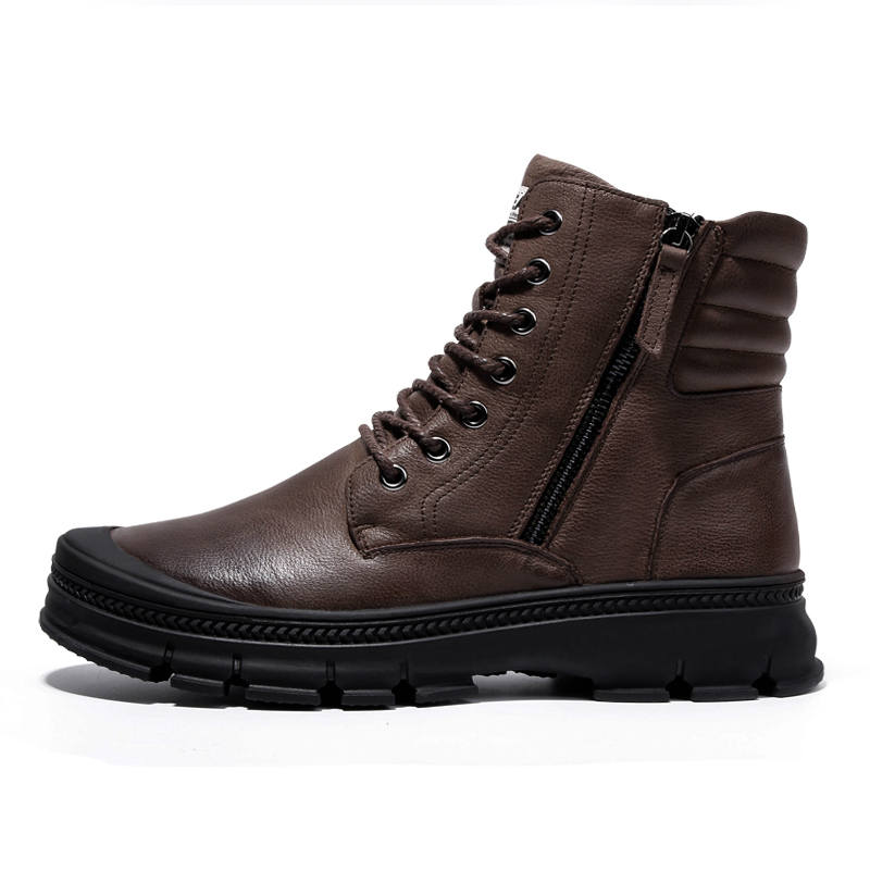 PALMPOLO Top Grain Cow Leather Fleece Lined Thermal Ankle Boots Men's Brown