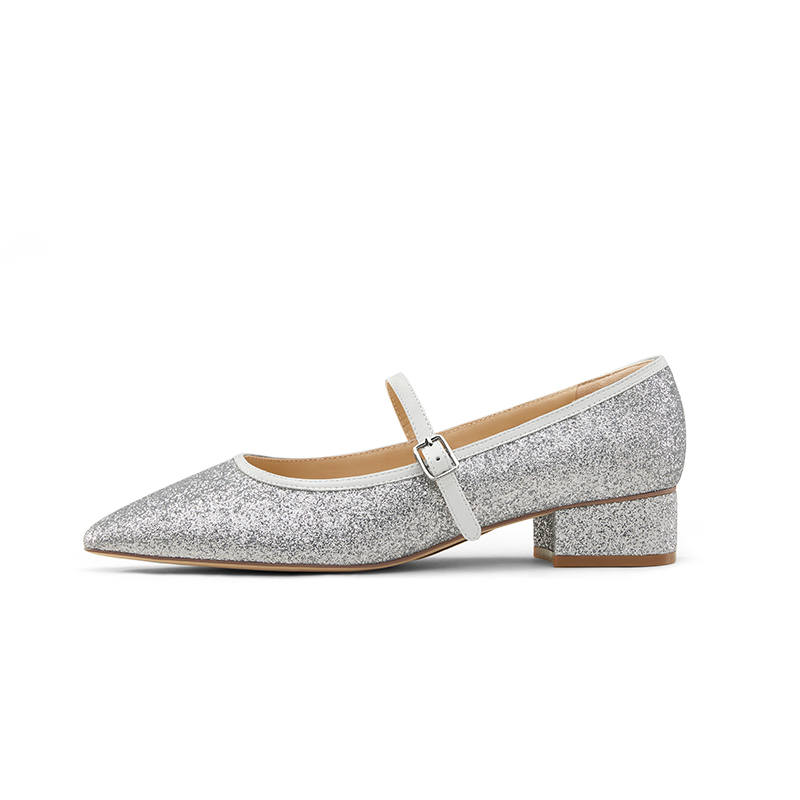 7or9 Icing Sugar Cake Glitter Leather Chunky Heel Mary Jane Shoes 3.5cm Women's Silver