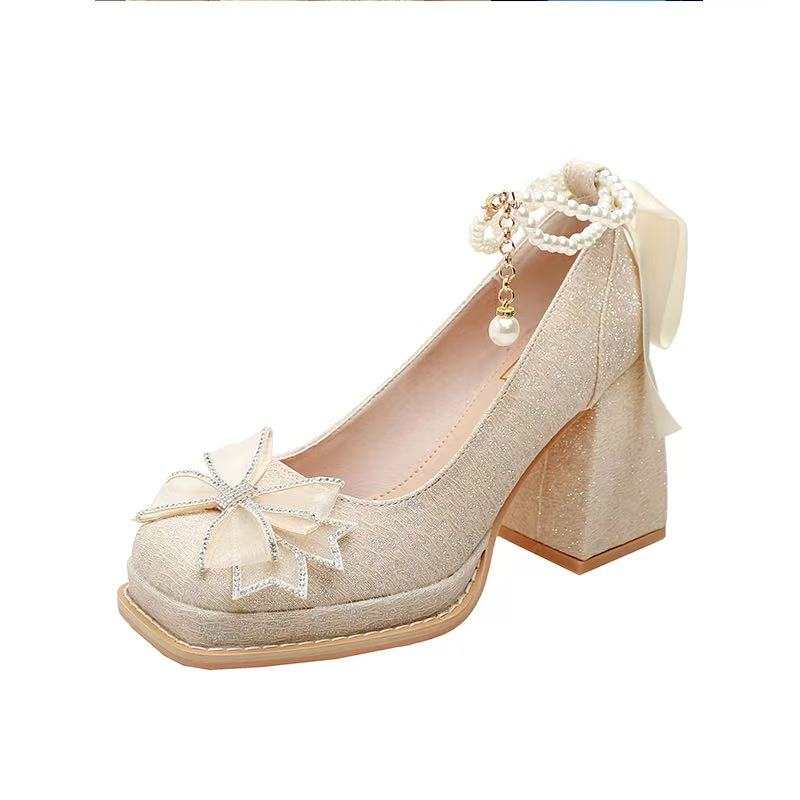 Feo Dvke Microfiber Leather Chunky Heel High Heels 7cm Women's Apricot Gift Box Set