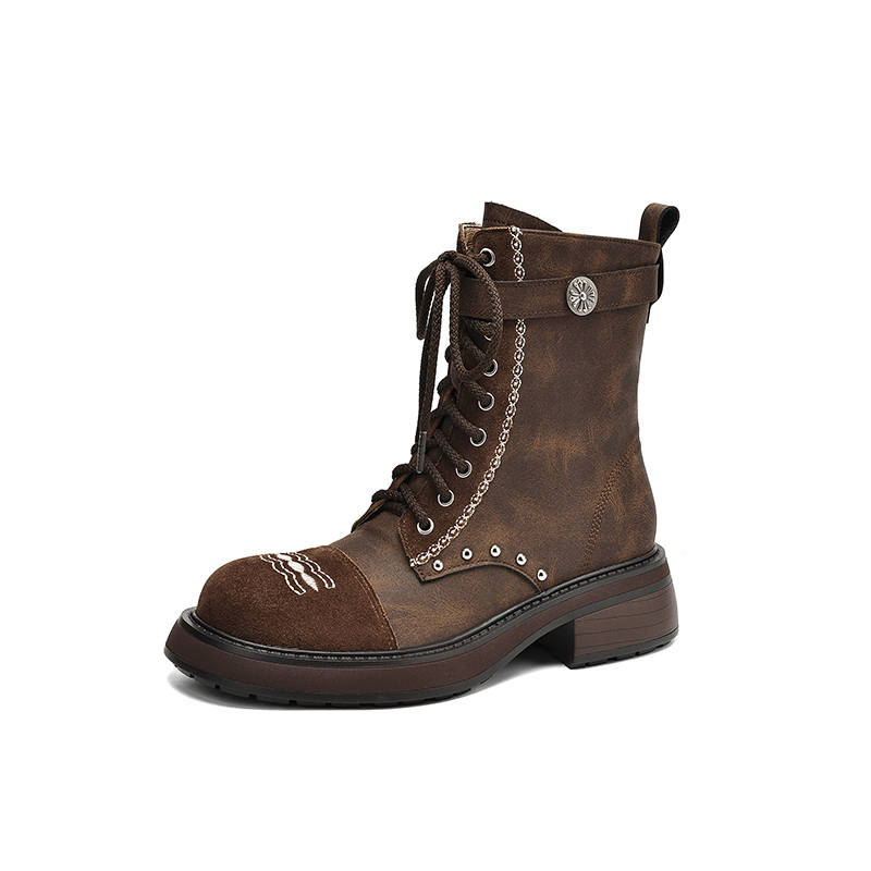YIKEFEI Cow Leather Short Combat Boots Women's