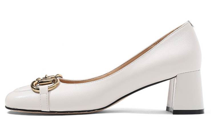 CAMEIDO Top Grain Cow Leather Chunky Heel High Heels 5.5cm Women's Ecru