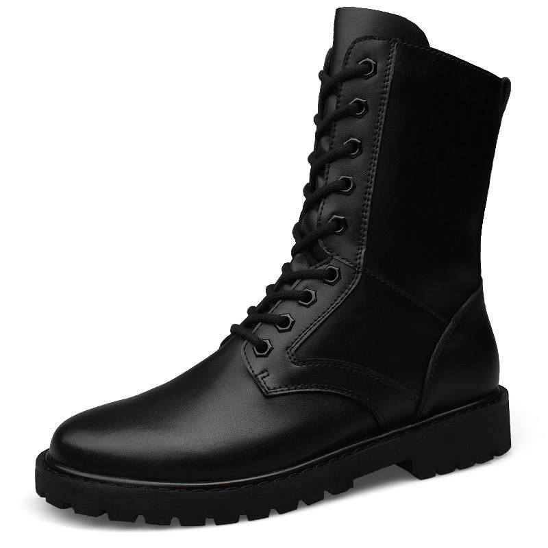 GONGNIULEITING Top Grain Cow Leather Short Combat Boots Unisex Black