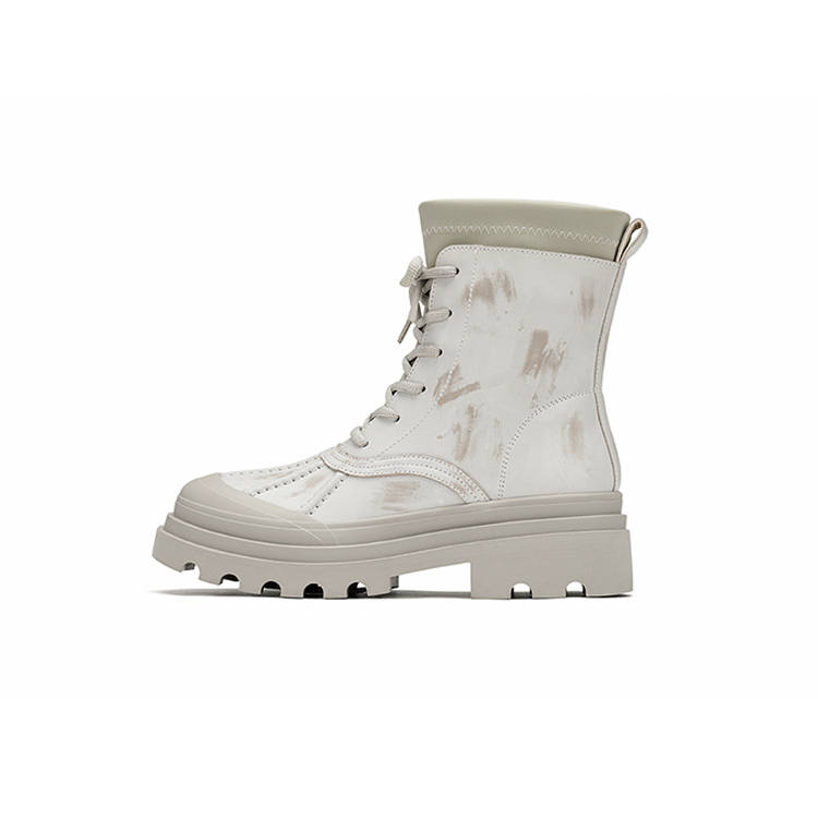 73Hours Rock Brush Stroke Cow Leather Combat Boots Women's Ecru