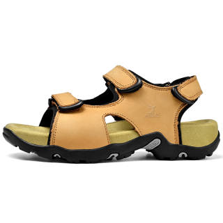 DAISHUTOU Top Grain Cow Leather Beach Sandals Men's Khaki