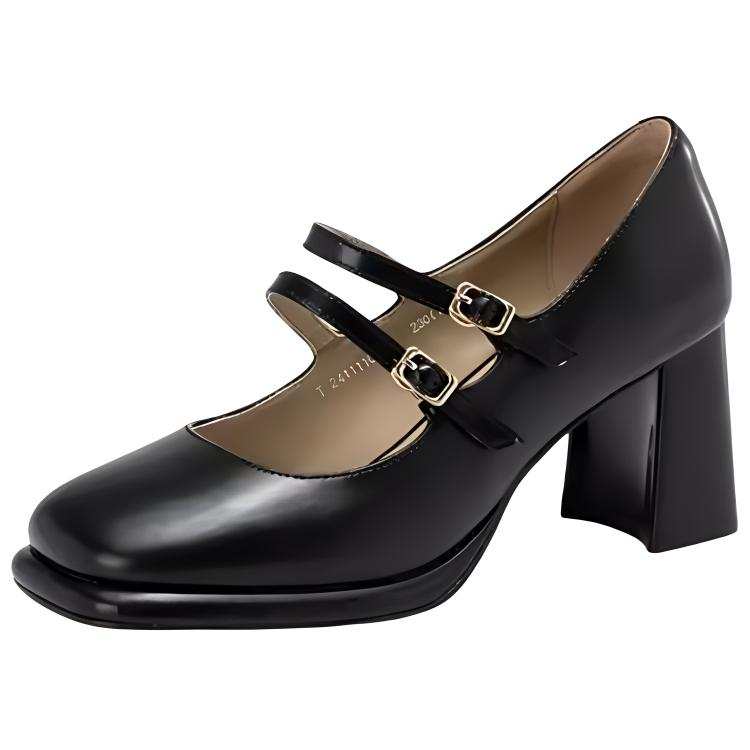 AOKANG Leather Chunky Heel Mary Jane Shoes 7.3cm Women's Black