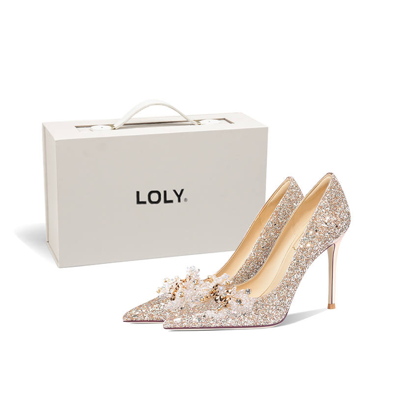 LOLY French Crystal Shoes Slim Heel High Heels Formalwear Shoes Women's Gold