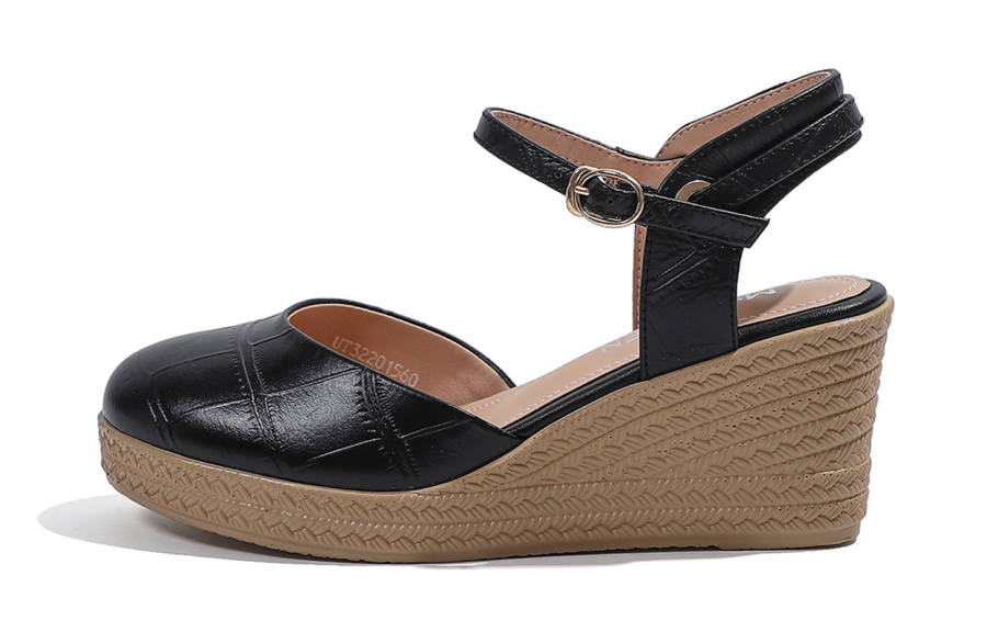 Mulinsen Cow Leather One Strap Sandals 7cm Women's Black