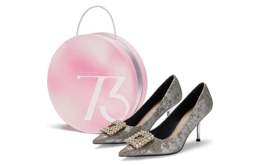 73Hours Golden Years Box Fabric Slim Heel High Heels 8cm Women's Gold Silver